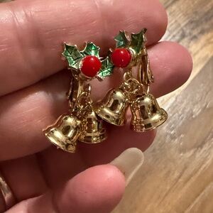 Vintage jingle bell Christmas Festive Gold clip on Earrings with Holly